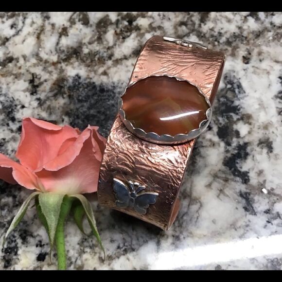 Copper Cuff w/Butterflies & Agate, NEW, Recycled - Picture 1 of 7